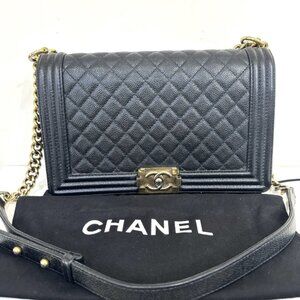 CHANEL Lambskin Black Cavier Medium Boy Bag with Gold Hardware